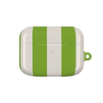 Bright green and white striped wireless earbud case, modern and portable design for stylish audio accessories.