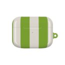 Bright green and white striped wireless earbud case, modern and portable design for stylish audio accessories.