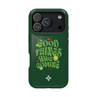Bright green phone case with the phrase "Good Things Are Coming" in playful, bold lettering, decorated with smiley faces, stars, and a floral emblem, inspired by Florayn's positive and eco-friendly design style.