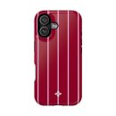 Red phone case with pink and white vertical stripes and a butterfly logo, designed for aesthetic smartphone protection and style.
