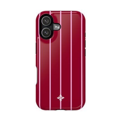 Red phone case with pink and white vertical stripes and a butterfly logo, designed for aesthetic smartphone protection and style.