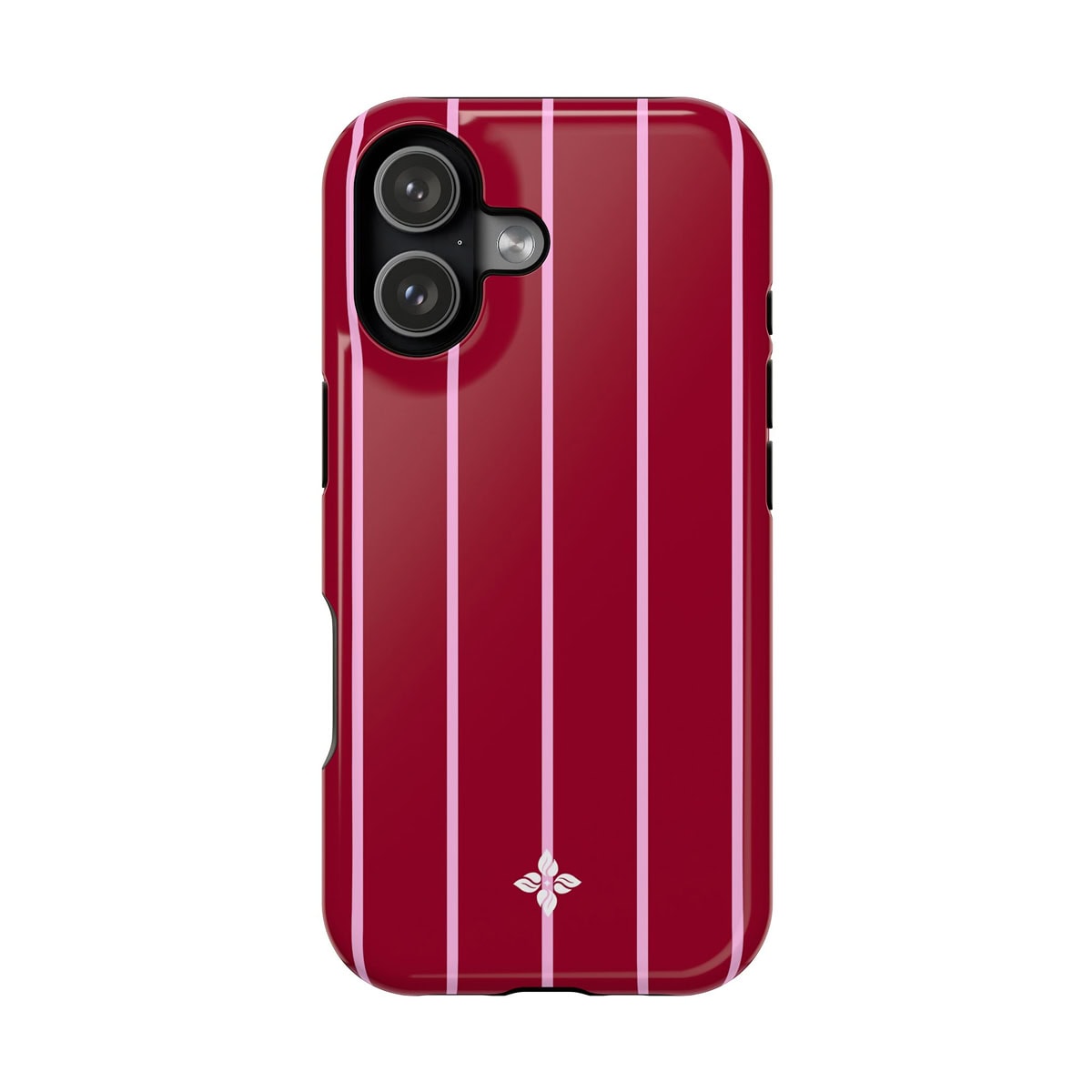 Red phone case with pink and white vertical stripes and a butterfly logo, designed for aesthetic smartphone protection and style.