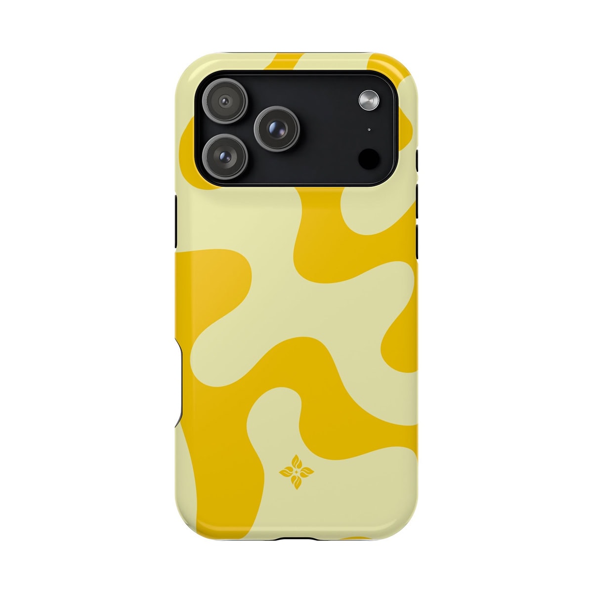 Vibrant phone case with yellow camo pattern and Florayn logo, designed for stylish protection and customization, perfect for modern smartphone accessories.