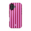 Vibrant pink and red striped phone case with a floral logo, designed for stylish iPhone protection and aesthetic appeal. Perfect for those who love colorful, trendy accessories.