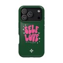 Vibrant green phone case featuring bold pink text that reads "SELF LOVE" with decorative stars and small icons, emphasizing positivity and self-care themes.