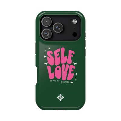 Vibrant green phone case featuring bold pink text that reads "SELF LOVE" with decorative stars and small icons, emphasizing positivity and self-care themes.