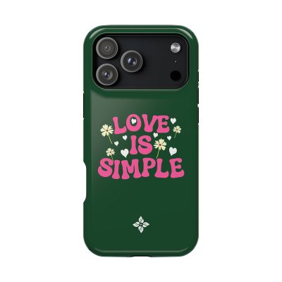 Bright green phone case with a pink "Love is Simple" quote, surrounded by white and pink hearts and flowers, perfect for expressing love and positivity.