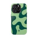 Vibrant green camouflage-patterned phone case for Apple iPhone with protective design and floral logo accents.