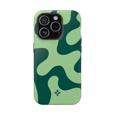 Vibrant green camouflage-patterned phone case for Apple iPhone with protective design and floral logo accents.
