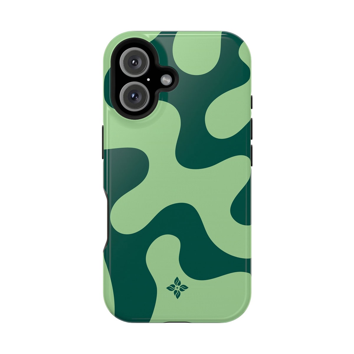 Vibrant green camouflage patterned phone case designed for iPhone with protective dual-camera cutout, showcasing trendy and durable accessories from Florayn.