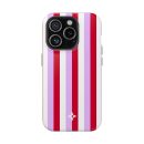 Vibrant striped phone case with red, lavender, and white vertical lines, featuring a small white floral logo at the bottom. Perfect for stylish iPhone protection and personalized accessories.
