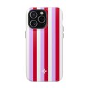 Stripe pattern phone case featuring red, white, and lavender vertical stripes with floral logo, designed for iPhone 13 Pro, combining stylish protection with a vibrant aesthetic.