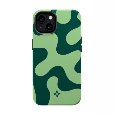 Vegan camouflage phone case with green and dark green abstract pattern, designed to protect iPhone models with triple-lens camera.