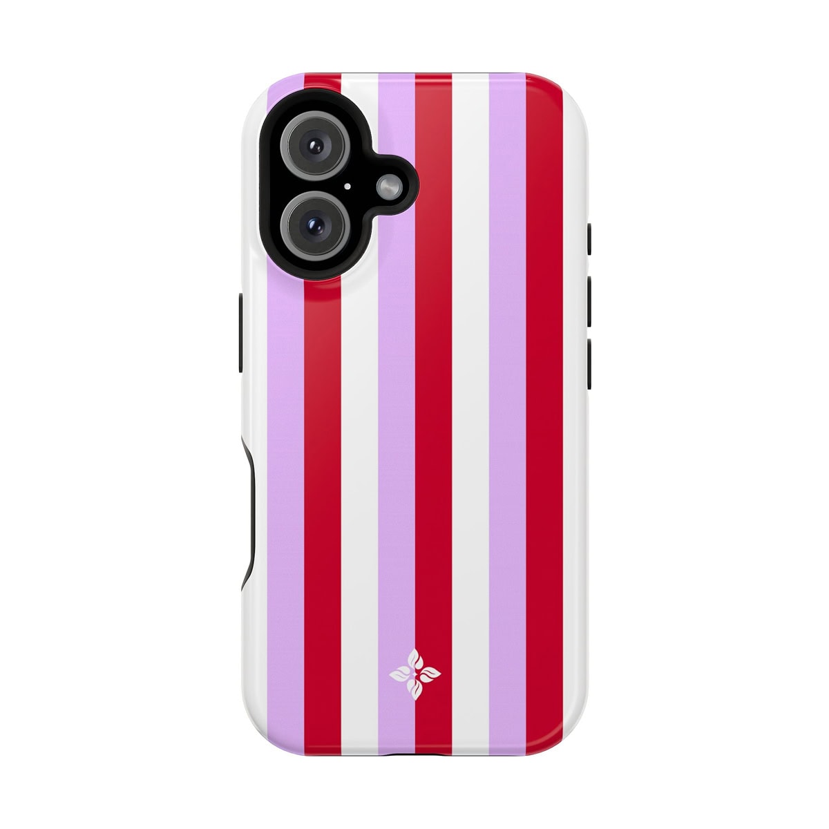 Colorful striped iPhone case with floral logo, perfect for stylish protection.