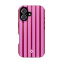 Vibrant pink smartphone case with red vertical stripes and a white floral emblem, designed for stylish protection and ornamentation. Perfect for adding a pop of color to your mobile device.