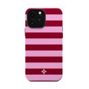 Elegant pink and burgundy striped phone case with a small floral logo, designed for iPhone with triple camera protection, combining style and functionality for women.
