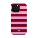 Red and pink striped phone case design with floral logo, perfect for fashion-forward accessories and customization.