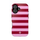 Pink and red striped phone case with floral logo, designed for iPhone, highlighting stylish protection and unique accessory for Apple devices.