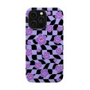 Vibrant purple and black checkered phone case featuring adorable smiling purple flowers, perfect for customization and adding a fun, playful touch to your smartphone.