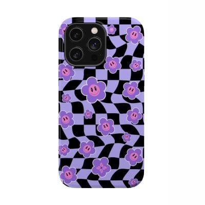 Vibrant purple and black checkered phone case featuring adorable smiling purple flowers, perfect for customization and adding a fun, playful touch to your smartphone.