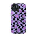 Violet purple floral patterned phone case with smiley face flowers, designed for iPhone models, featuring playful and trendy aesthetic for personalized smartphone protection.