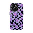 Violet floral patterned phone case with smiley face flowers and black and purple checkered background, designed for iPhone 13 Pro. Stylish, playful, and protective accessory for smartphone personalization.