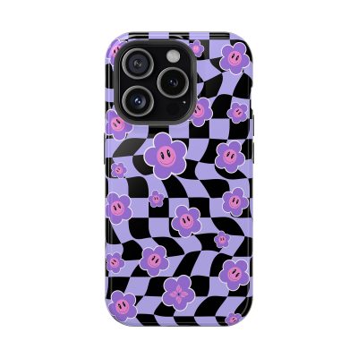 Violet floral patterned phone case with smiley face flowers and black and purple checkered background, designed for iPhone 13 Pro. Stylish, playful, and protective accessory for smartphone personalization.