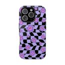 Vibrant floral phone case with purple and pink smiley face flowers on a black and purple checkerboard pattern, perfect for stylish and fun mobile phone protection.