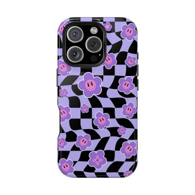 Vibrant floral phone case with purple and pink smiley face flowers on a black and purple checkerboard pattern, perfect for stylish and fun mobile phone protection.