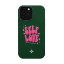 Self-love phone case with motivational message, pink lettering, and decorative stars for uplifting daily inspiration.