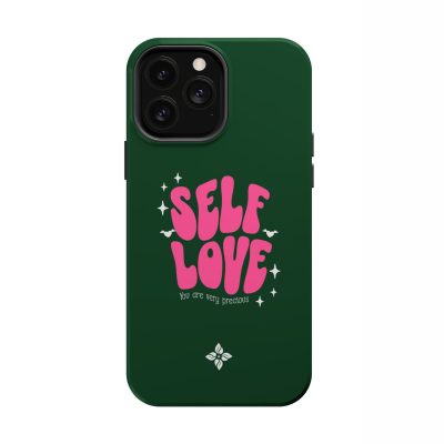 Self-love phone case with motivational message, pink lettering, and decorative stars for uplifting daily inspiration.