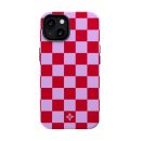 Red and lavender checkered patterned phone case with floral logo for iPhone.