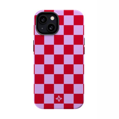 Red and lavender checkered patterned phone case with floral logo for iPhone.