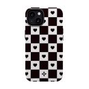 Black and white checkered phone case with heart and floral patterns, perfect for stylish protection and unique design.