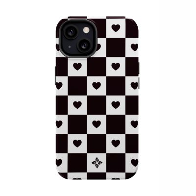 Black and white checkered phone case with heart and floral patterns, perfect for stylish protection and unique design.