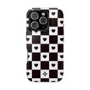 Black and white checkerboard phone case with heart patterns, designed for iPhone. Stylish, trendy, and eye-catching accessory for mobile devices, perfect for expressing love and fashion sense.