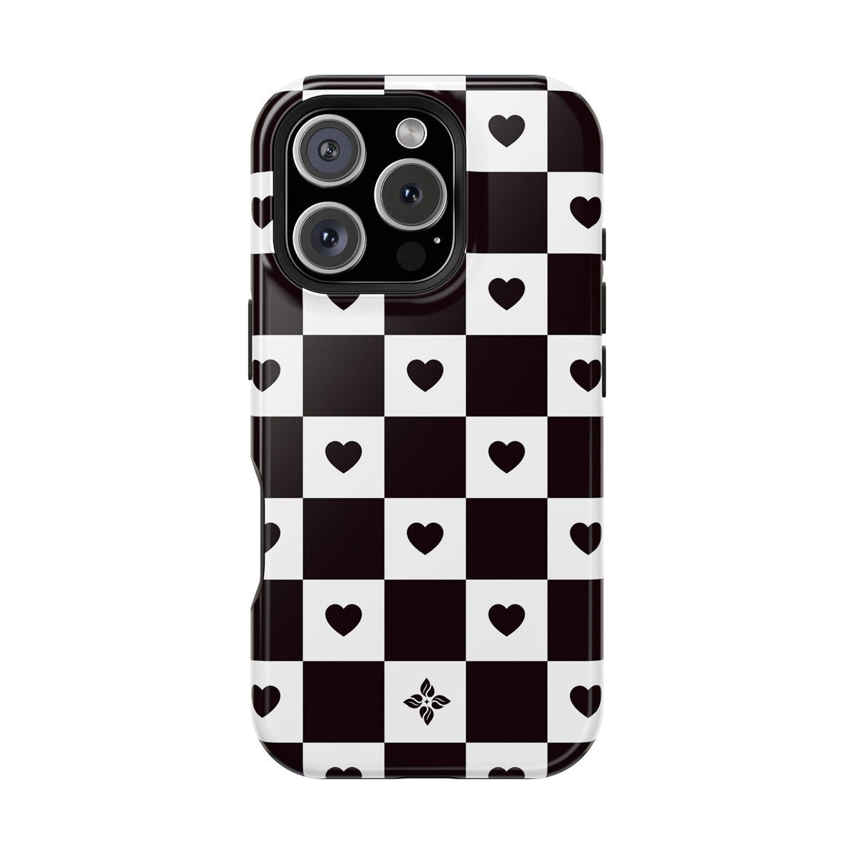 Black and white checkerboard phone case with heart patterns, designed for iPhone. Stylish, trendy, and eye-catching accessory for mobile devices, perfect for expressing love and fashion sense.