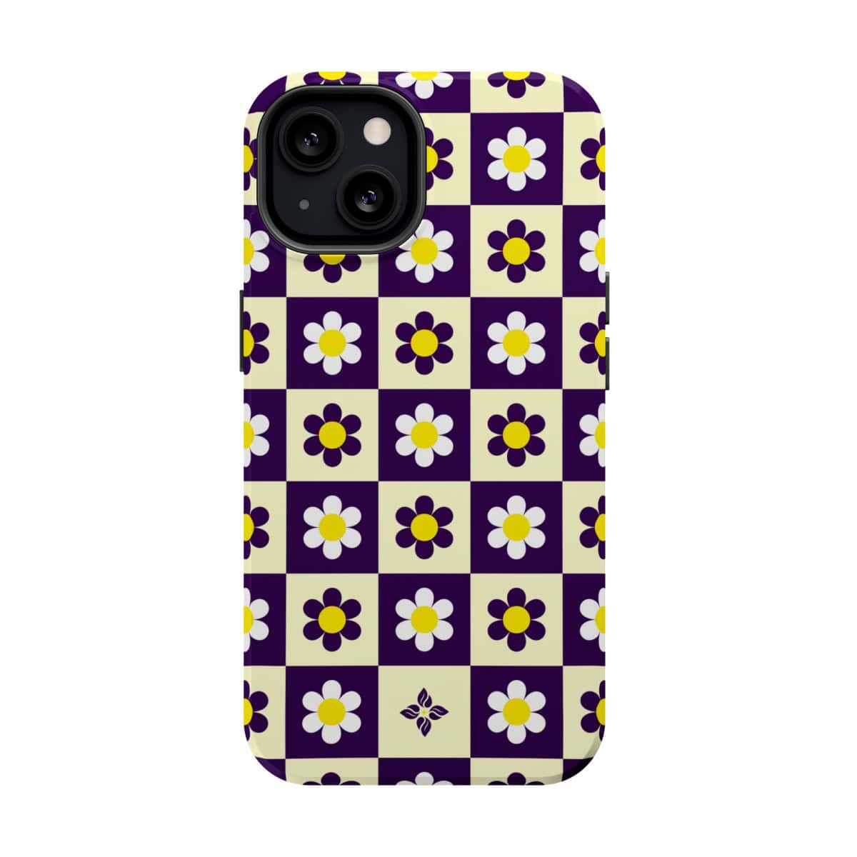 Bright floral phone case with daisy pattern on purple and cream checkered background, perfect for nature-inspired stylish mobile accessories.
