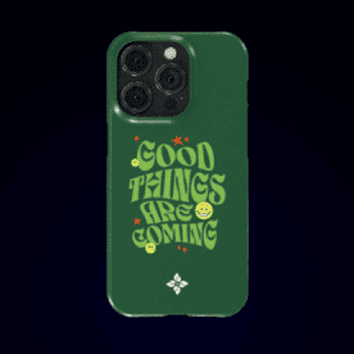 Good things are coming phone case with green background and positive quote, playful smiley design, perfect for uplifting mood and stylish phone protection, inspired by Florayn's motivational accessories.
