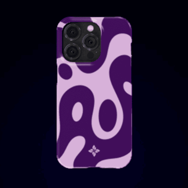 Vibrant purple phone case with abstract black and lilac organic shapes, designed for stylish protection. Perfect for those seeking fashionable phone accessories to highlight their personal style.