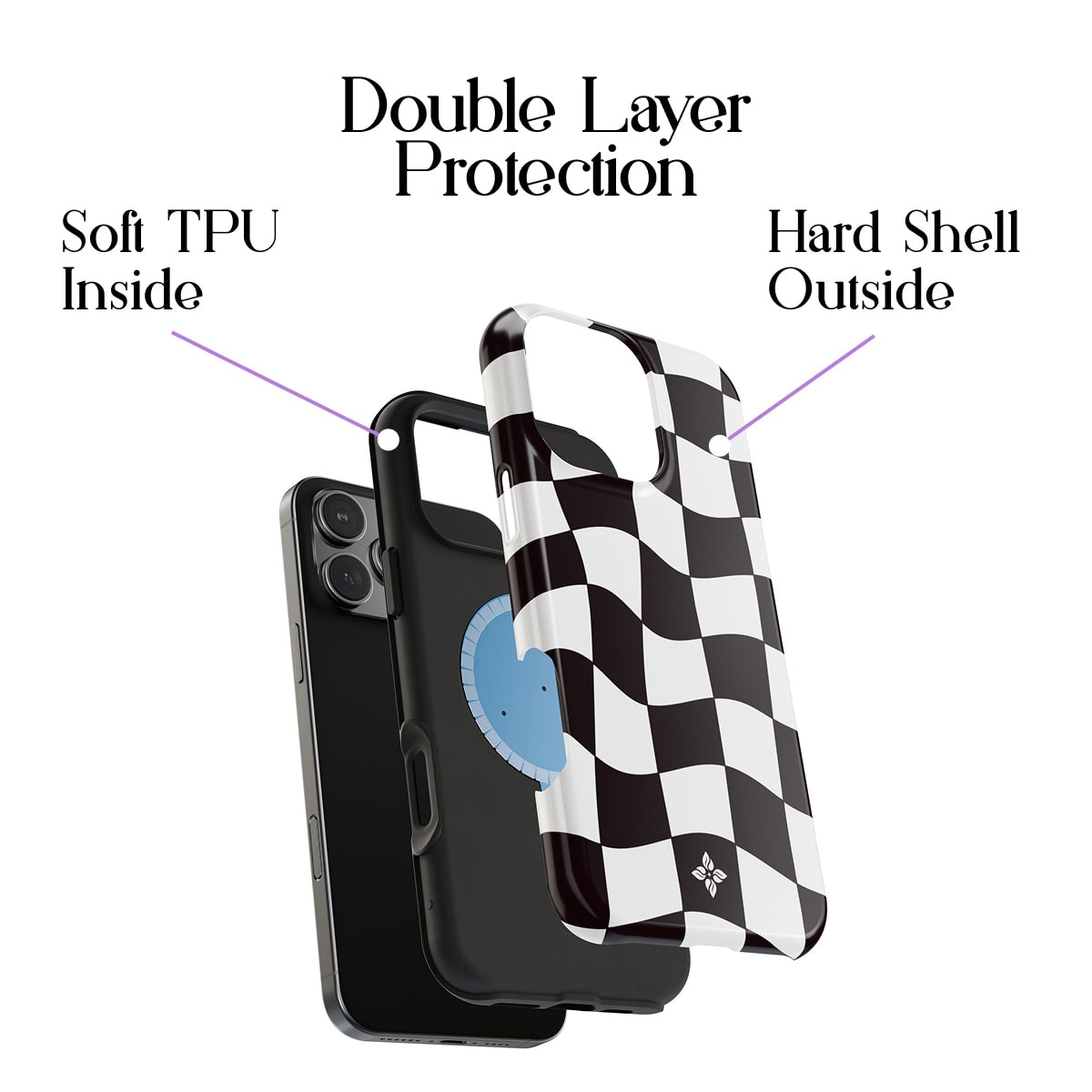 Silicone phone case with double layer protection, soft TPU inside and hard shell outside, designed for iPhone, featuring black and white checkered pattern by Florayn.