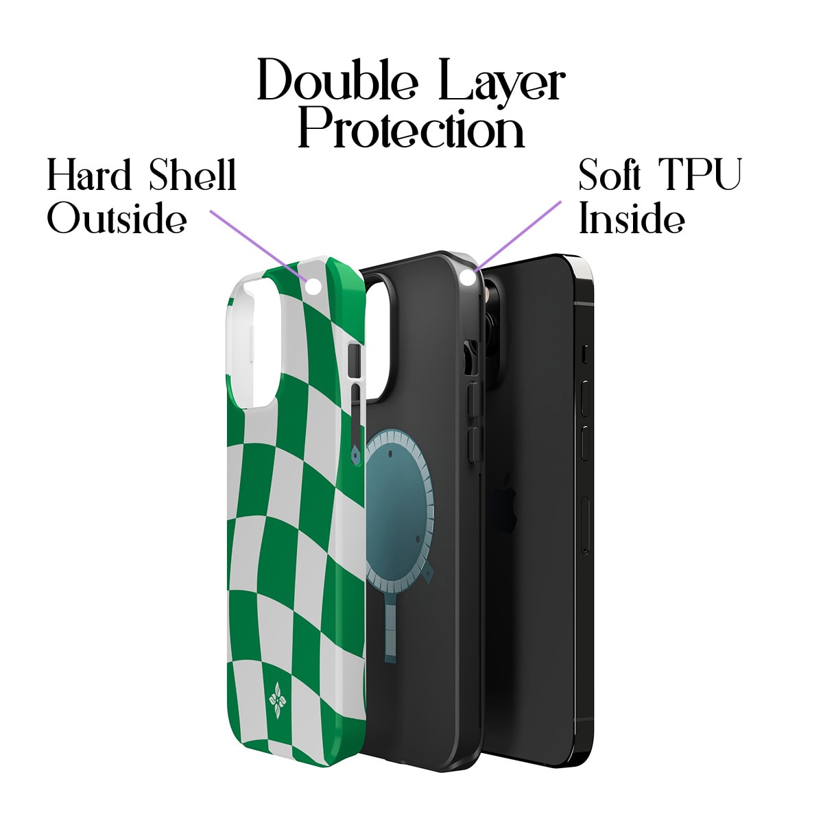 Shockproof phone case with double layer protection, hard shell outside and soft TPU inside, compatible with iPhone, stylish green checkered design for durability and style.