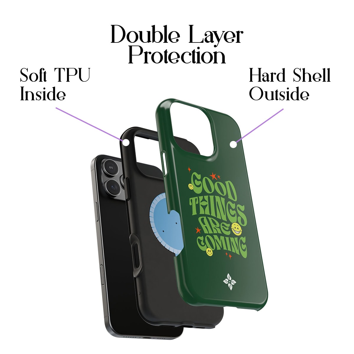 Durable phone case with double layer protection, soft TPU inside and hard shell outside, featuring a positive 'Good Things Are Coming' design for iPhone protection and style.