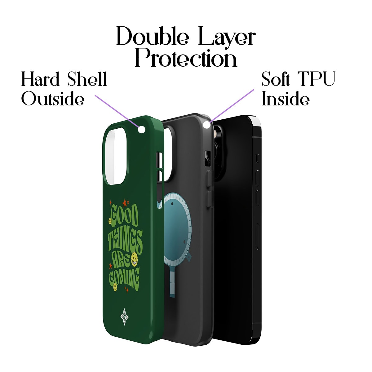 Flexible phone case with double-layer protection, hard outer shell and soft TPU inner lining, designed for durability and shock absorption. Perfect for safeguarding smartphones with a stylish, colorful design.