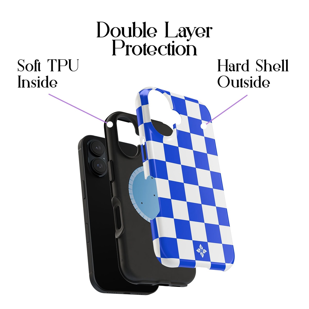 Bright blue and white checkered iPhone case with double-layer protection featuring soft TPU inside and hard shell outside for durability. Perfect for stylish, protective smartphone accessories.