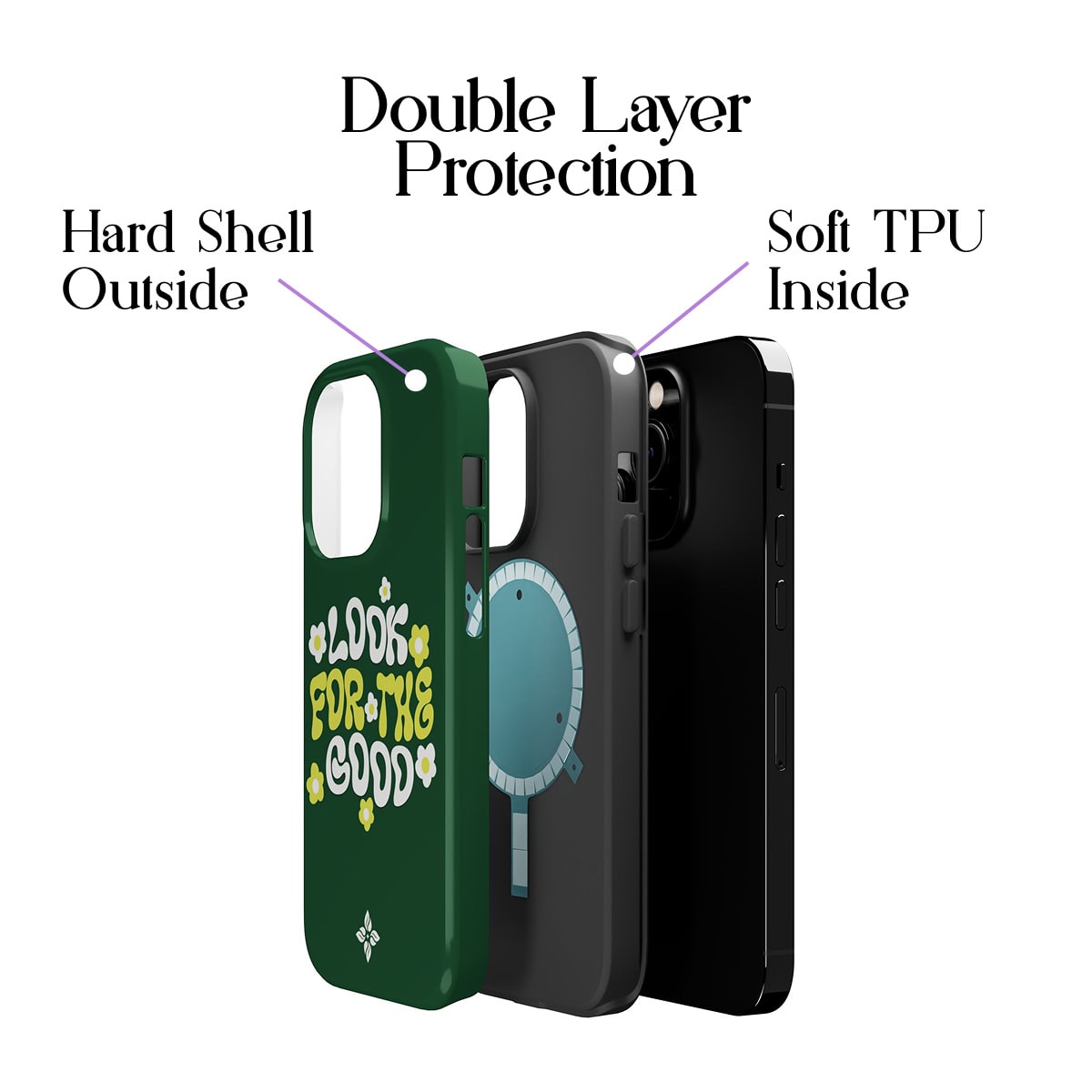 Bright green phone case with "Look for the good" text and floral accents, designed for iPhone protection.