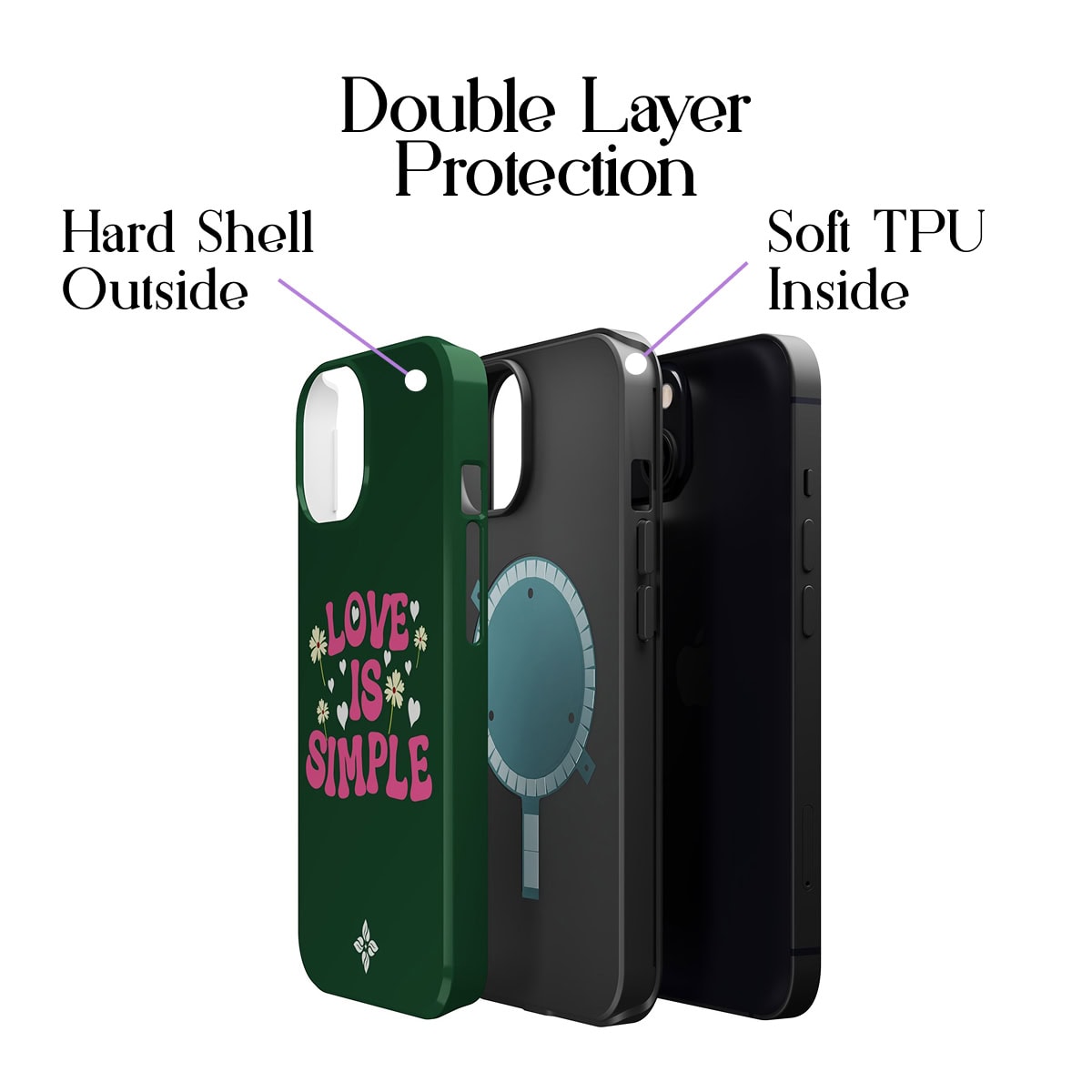 Stylish phone case with double layer protection, featuring a hard shell outside and soft TPU inside for durability and shock absorption. Perfect for iPhone models.