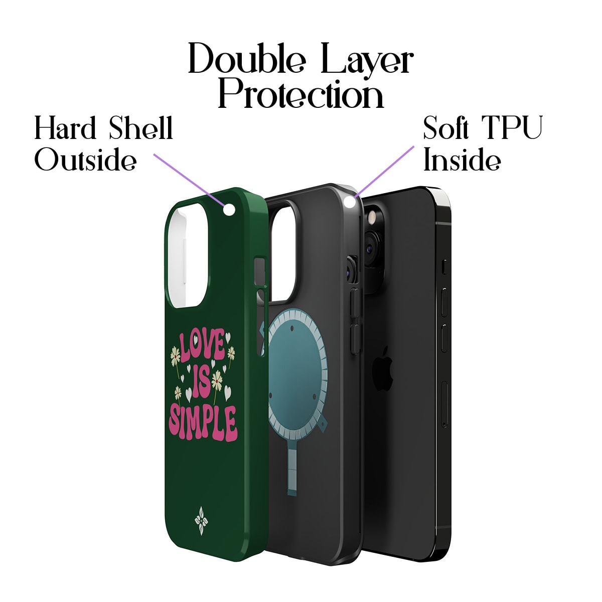 Bright green phone case with "Love is Simple" text and floral design, featuring double layer protection with hard shell exterior and soft TPU interior for iPhone.