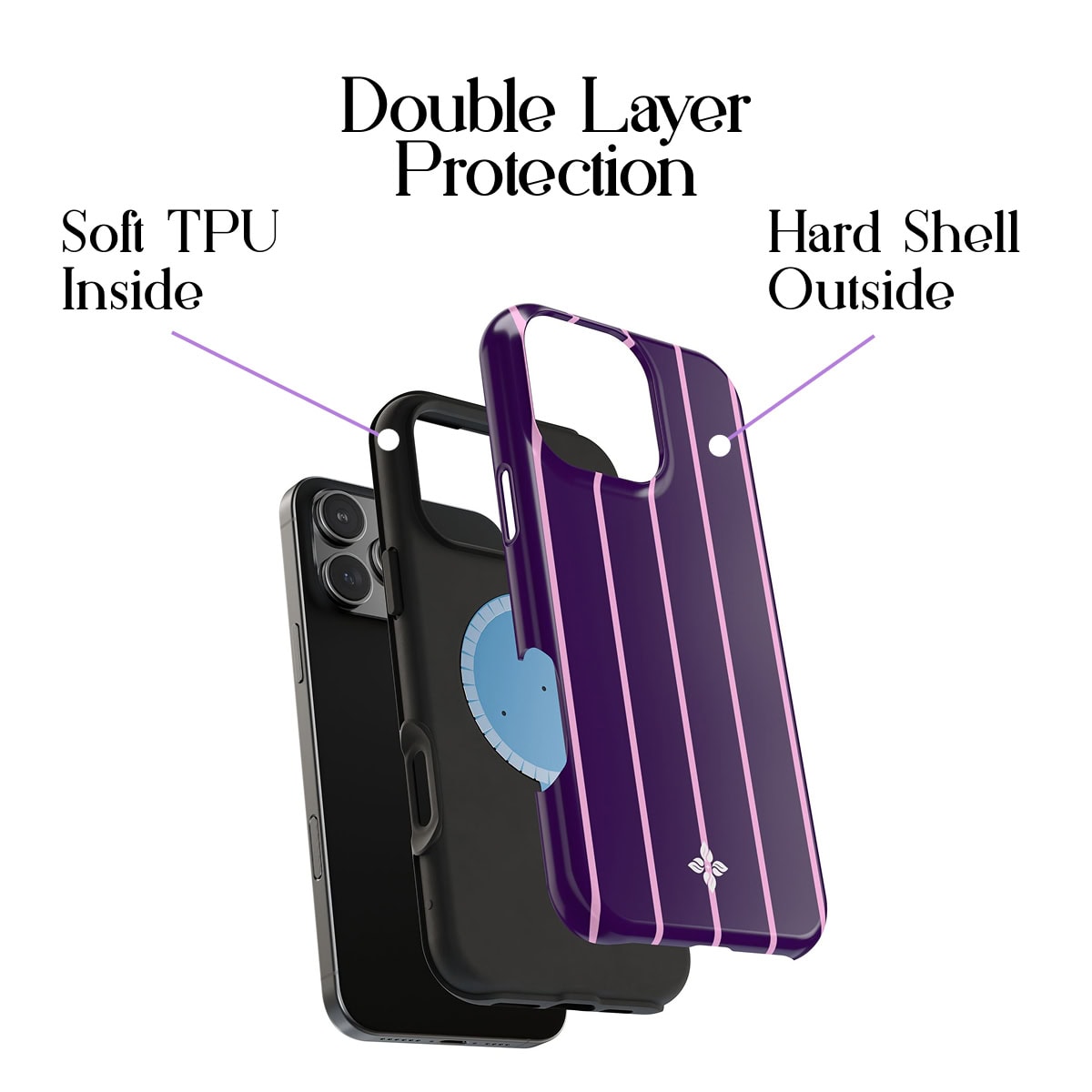 High-quality purple protective iPhone case with double layer protection featuring soft TPU inside and hard shell outside for enhanced durability.