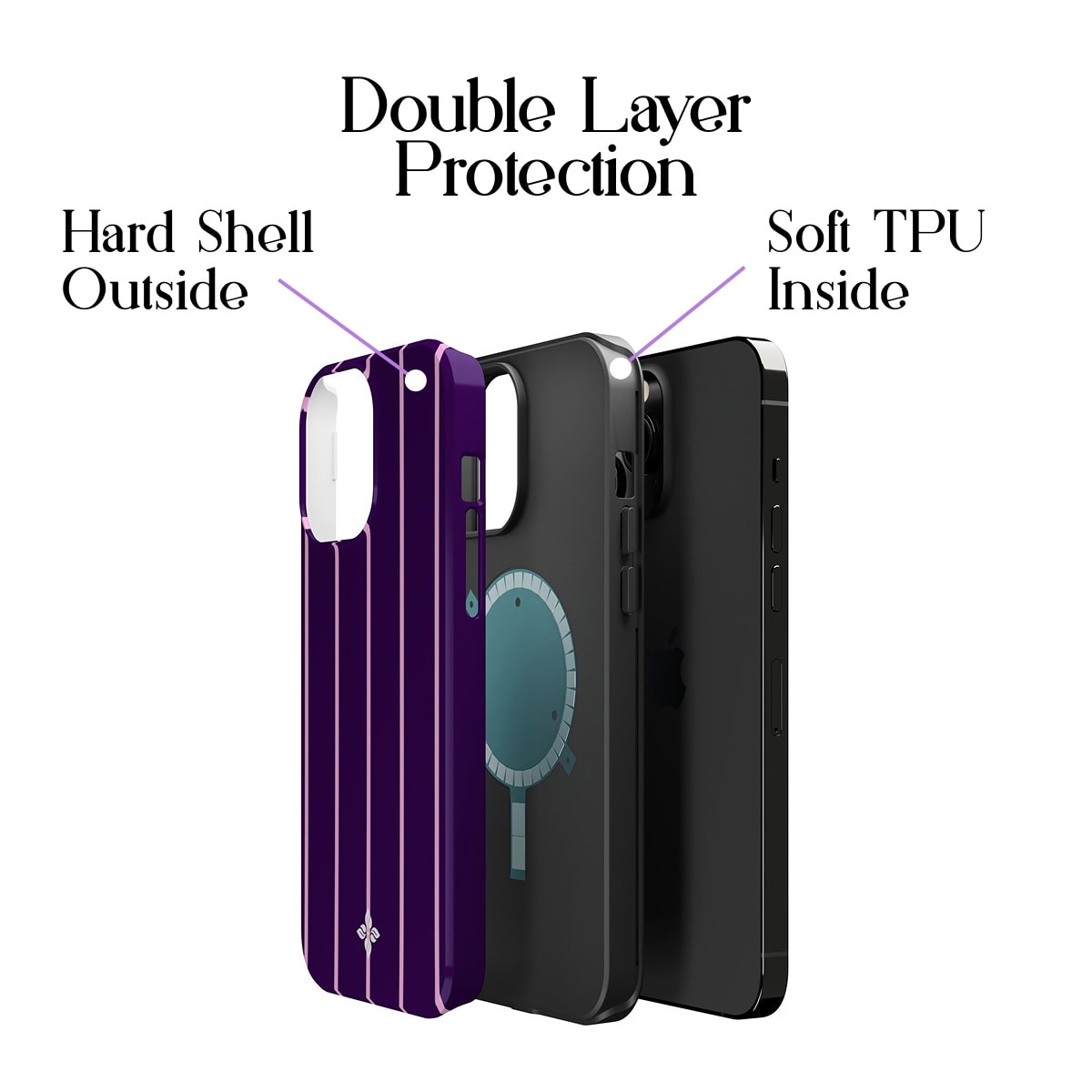 Flexible phone case with double-layer protection, combining a hard shell outside and soft TPU inside for enhanced durability and shock absorption. Ideal for iPhone protection.